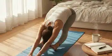 Person stretching gently in a sunlit bedroom, symbolizing a peaceful morning routine.