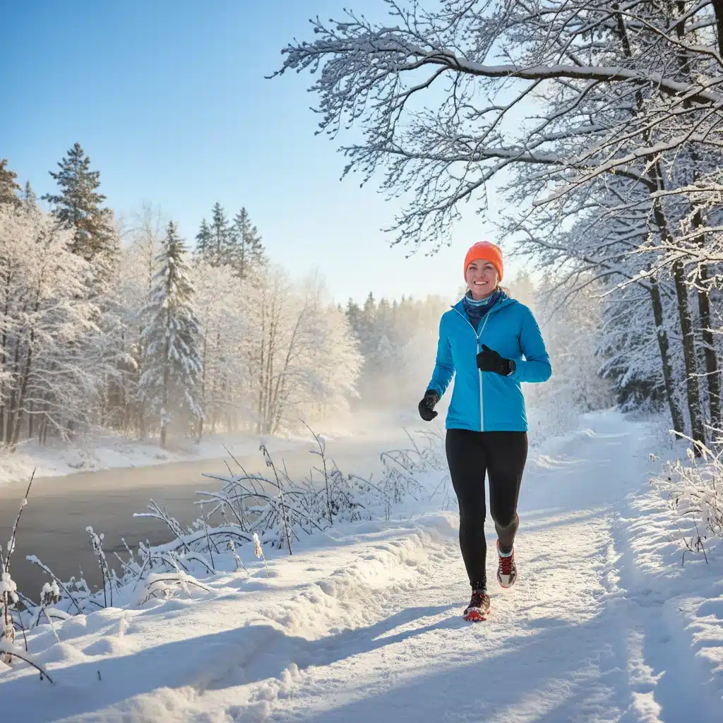 Person jogging in a snowy winter forest, demonstrating outdoor exercise for mental health.