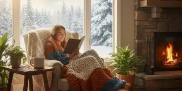 Person enjoying light therapy and cozy comfort in a sunlit winter room, combating SAD naturally.