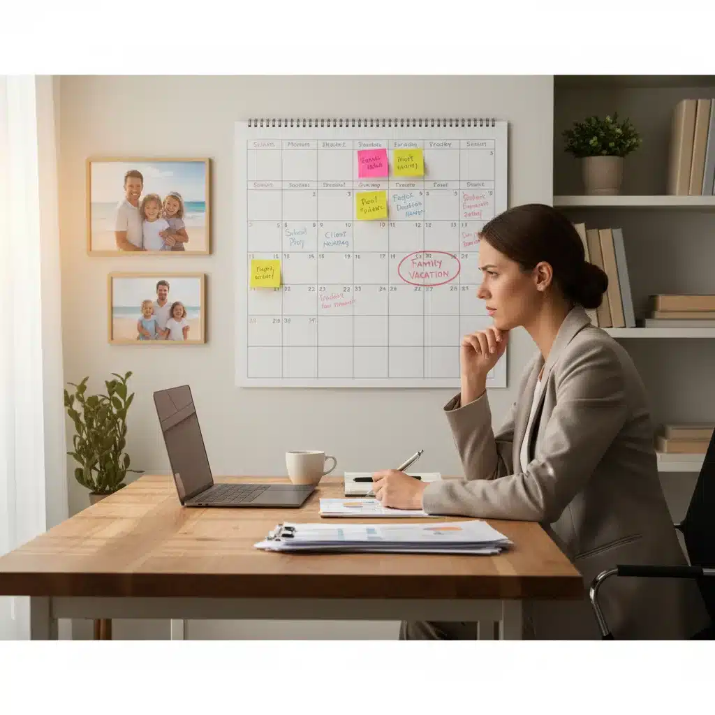 Woman planning her schedule, balancing work and family commitments.