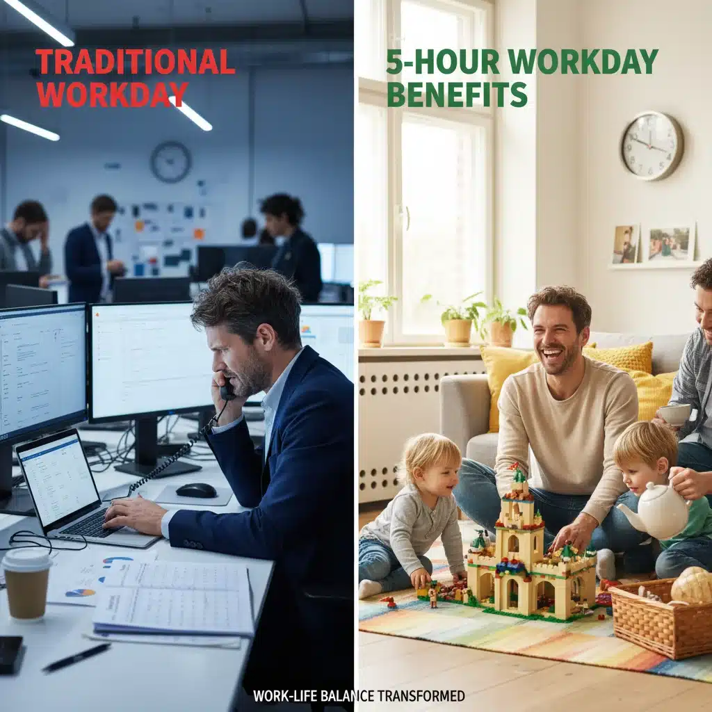 Contrast between traditional workday stress and improved work-life balance with a 5-hour workday.