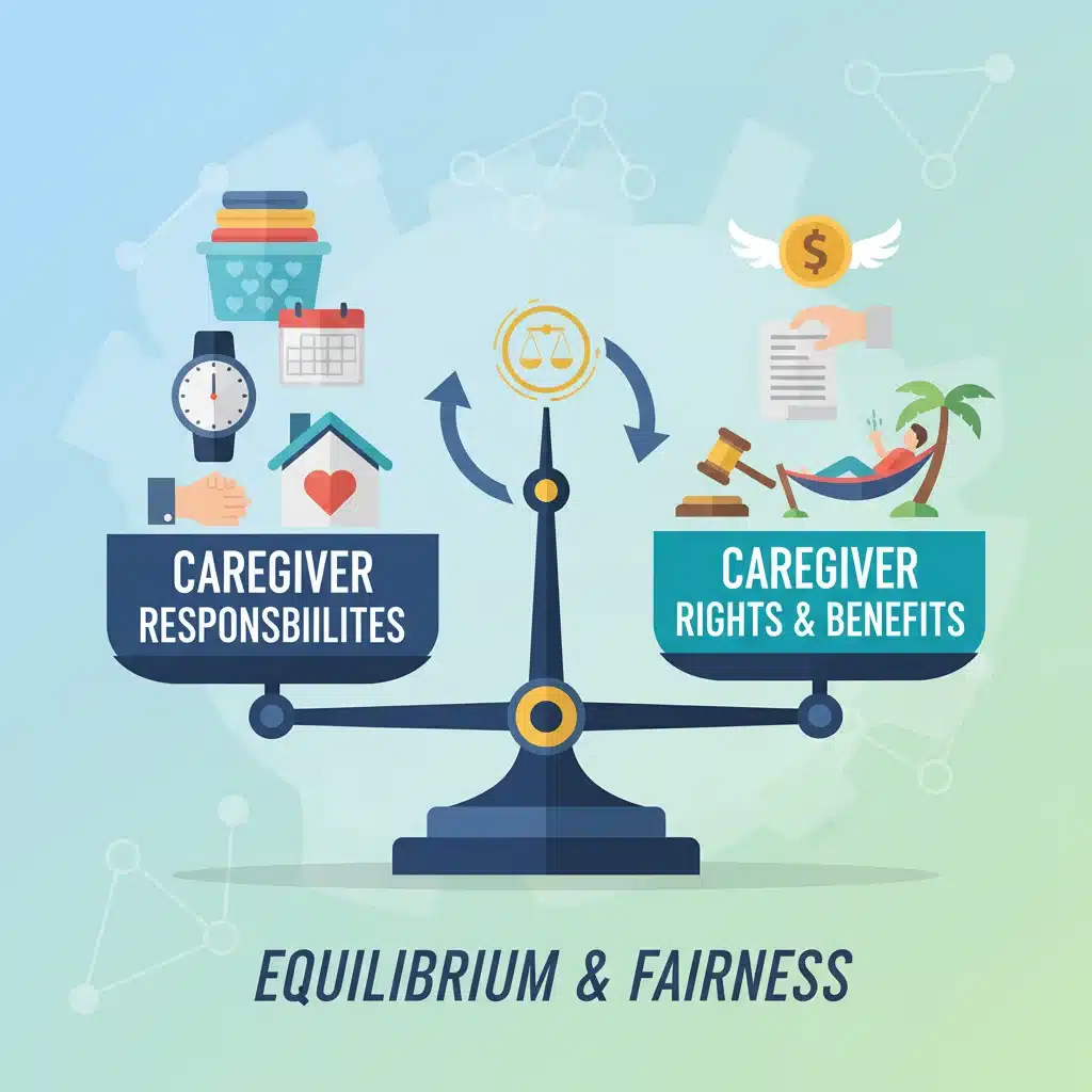 Balanced scale representing caregiver responsibilities, rights, and benefits