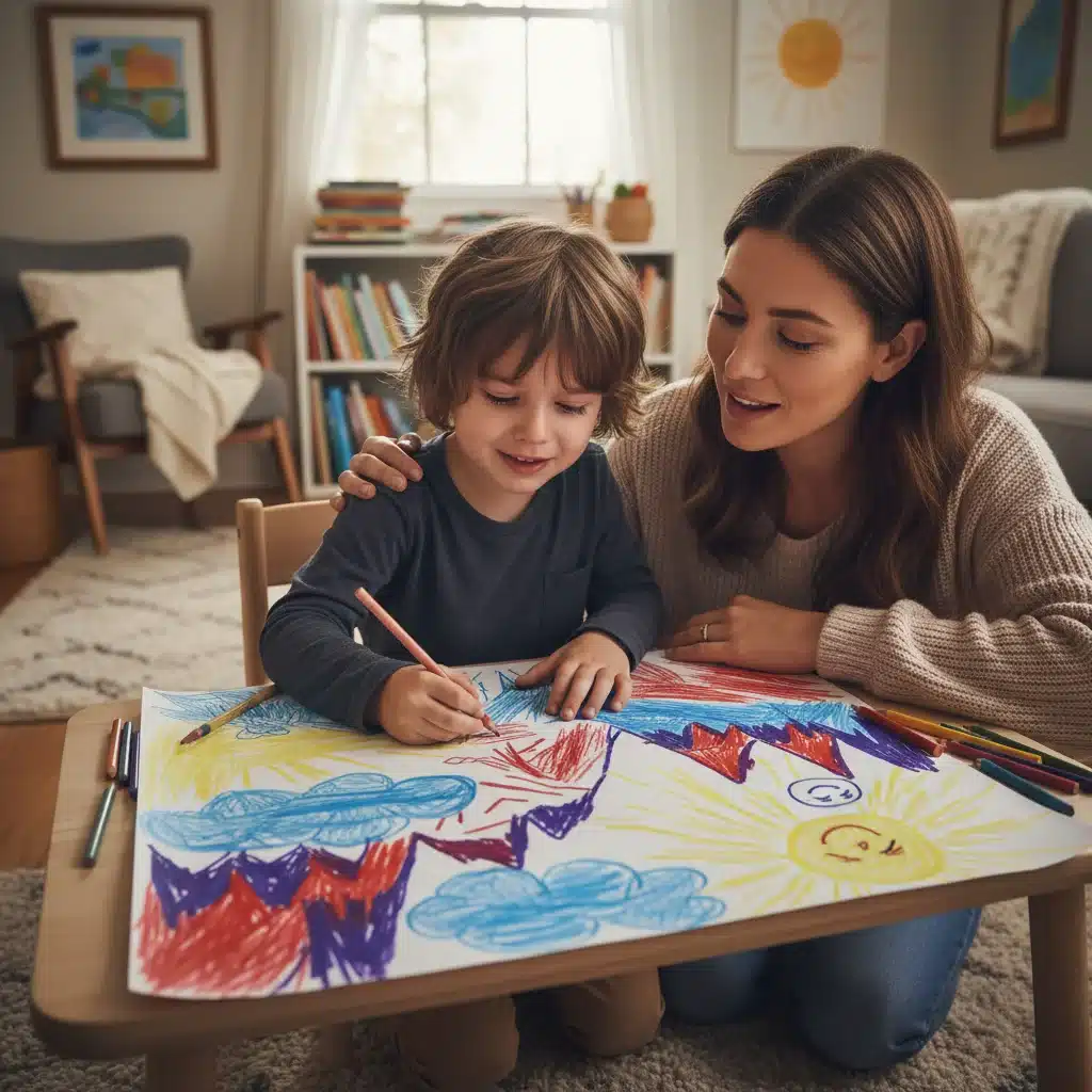 Child expressing emotions through art with a supportive parent.