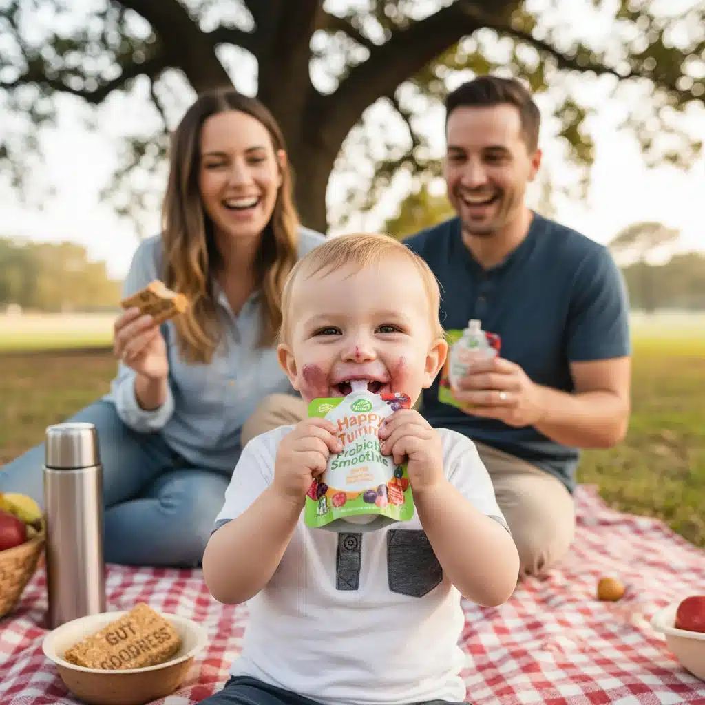 Child enjoying a probiotic-fortified snack, promoting family gut health.