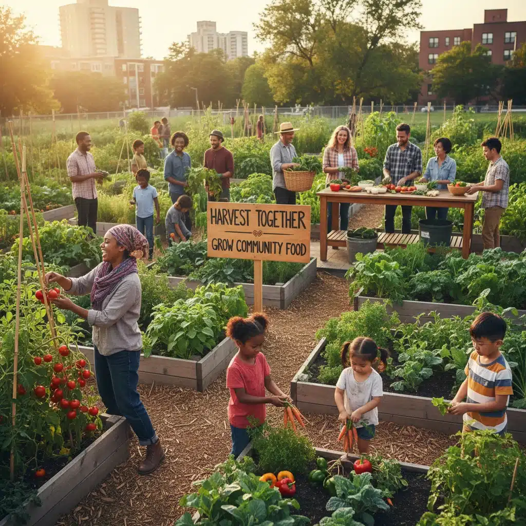 Community garden with diverse people harvesting vegetables.