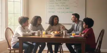 Family discussing household boundaries at kitchen table