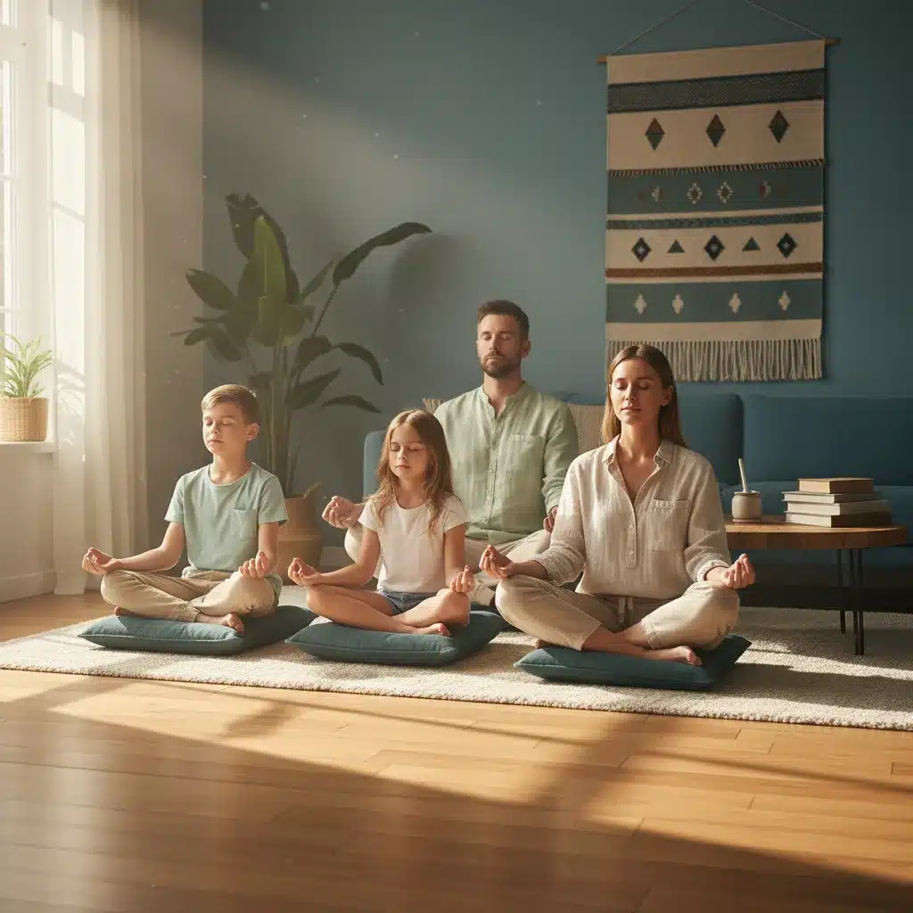 Family meditating together, practicing mindfulness and calm.