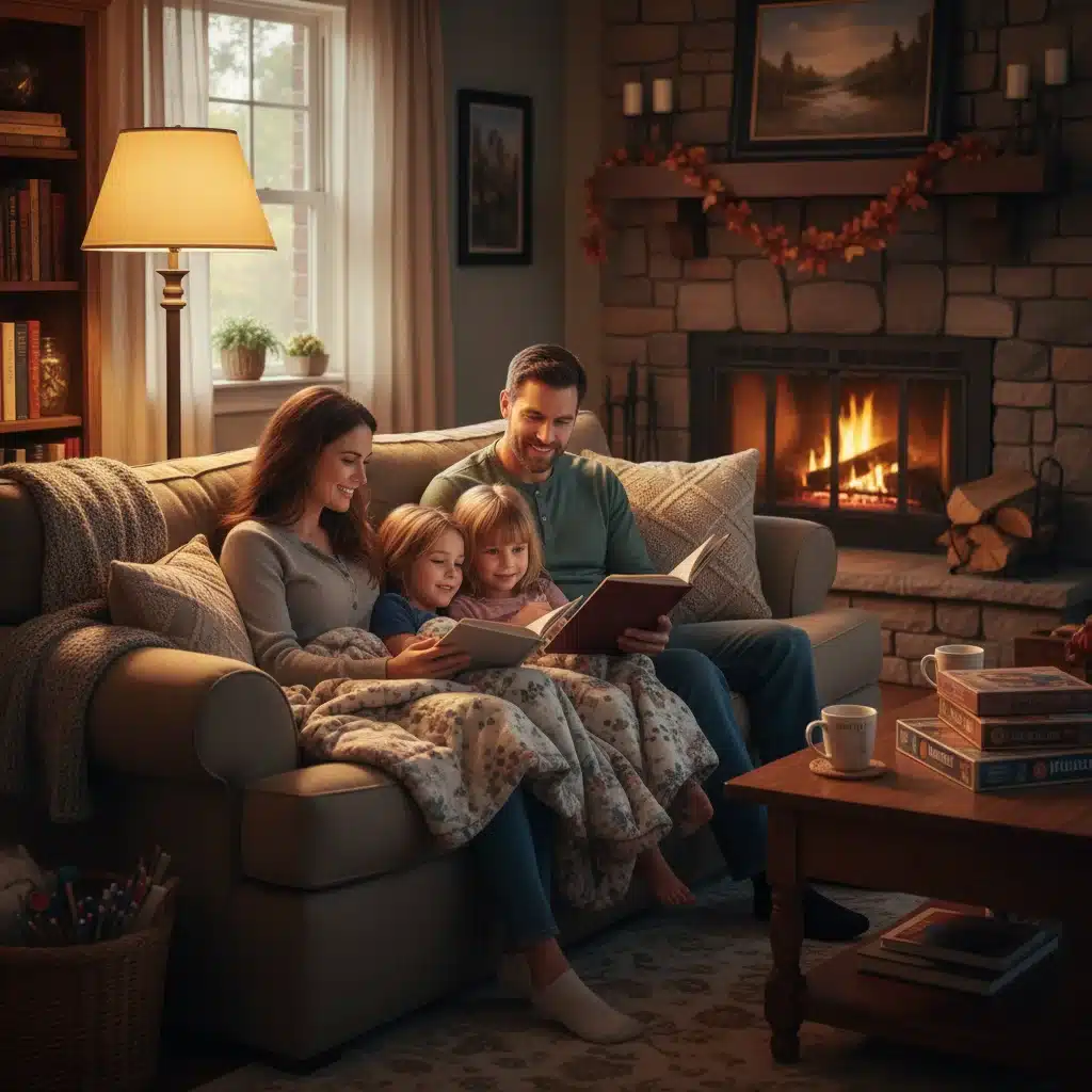 Parents reading books to children in cozy setting