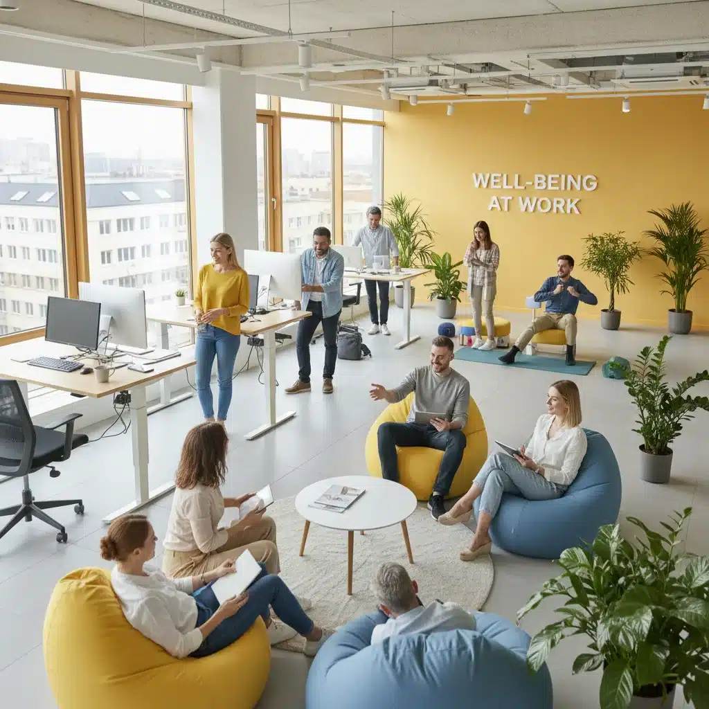 Happy employees in a modern, flexible work environment