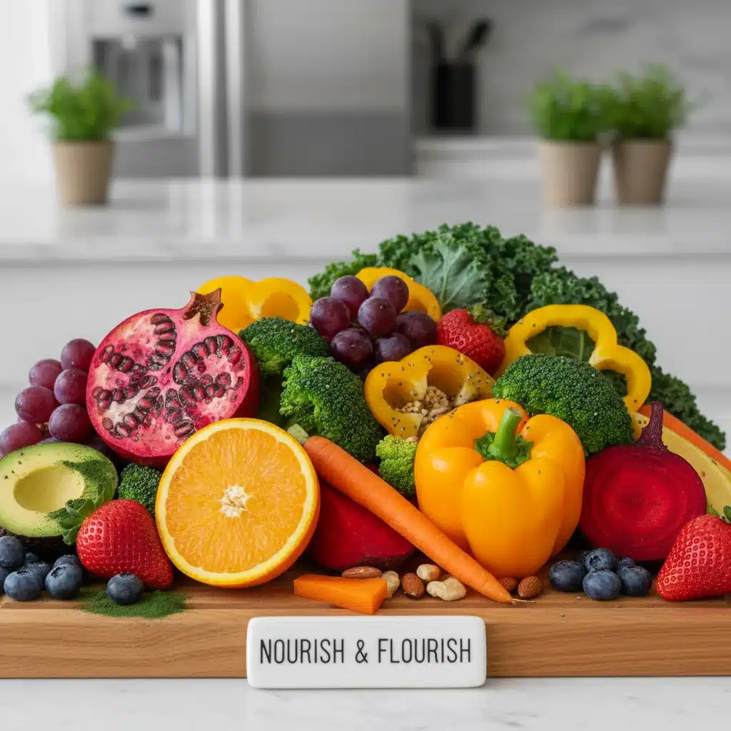 Assortment of fresh fruits and vegetables for a balanced diet.