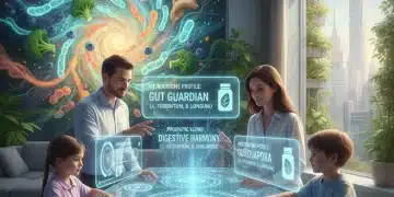 Futuristic family exploring personalized probiotic recommendations on a holographic interface.