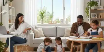 Family enjoying harmonious hybrid work life at home