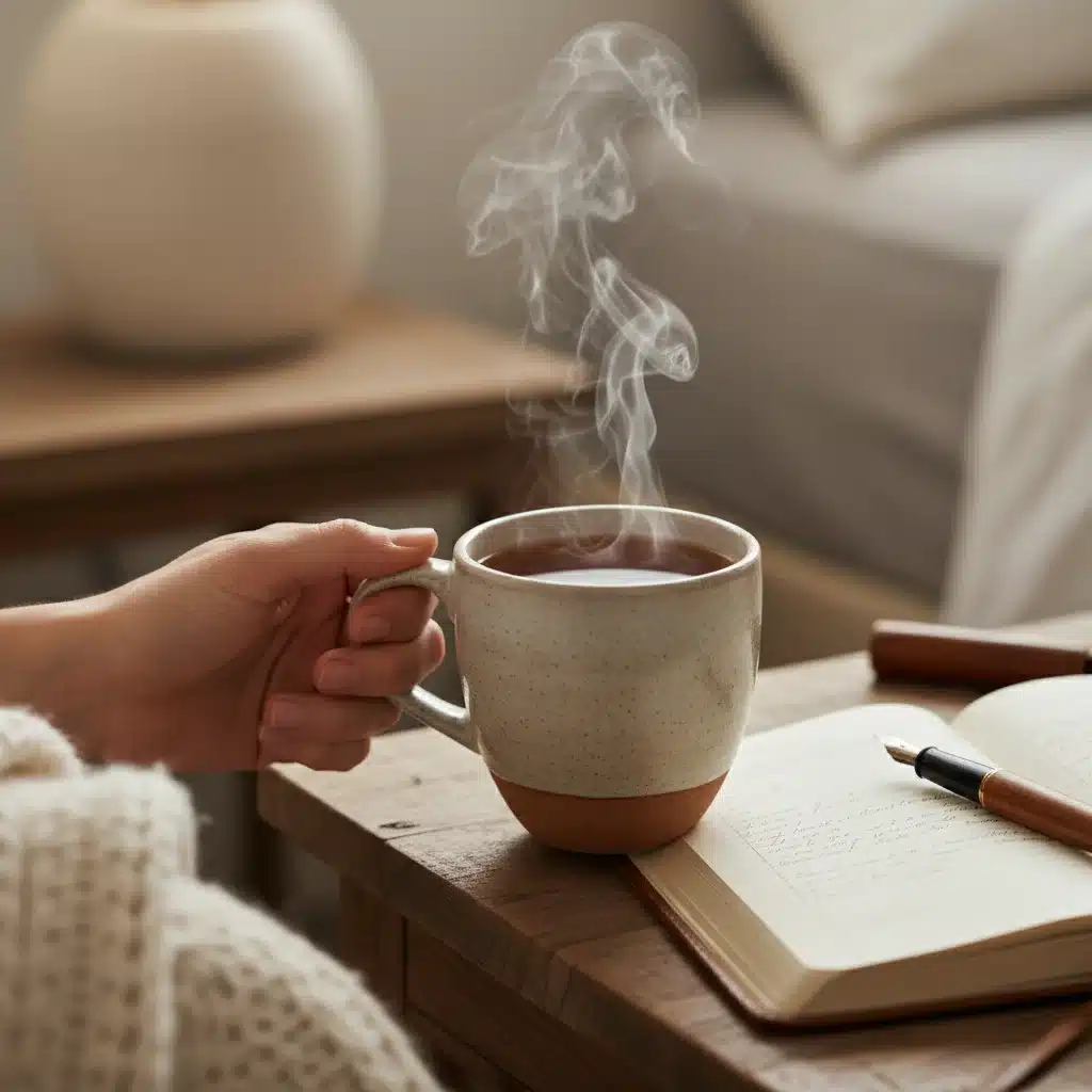Hand holding herbal tea next to a journal, symbolizing a calming evening routine