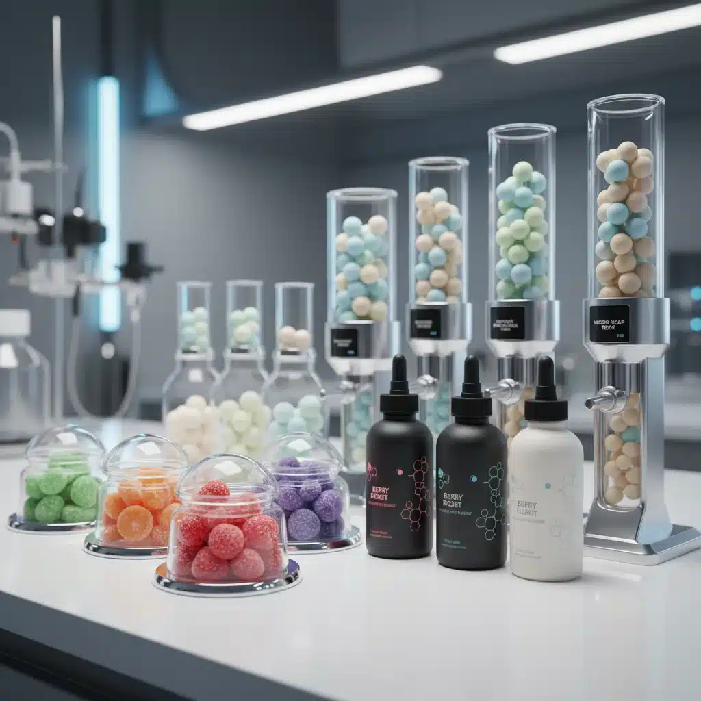 Assortment of innovative probiotic products in various forms like gummies and microencapsulated capsules.