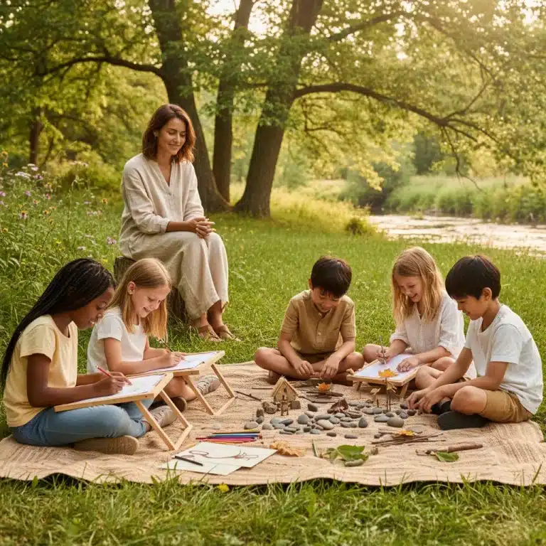 Parents and children practicing mindful activities outdoors, fostering emotional growth.