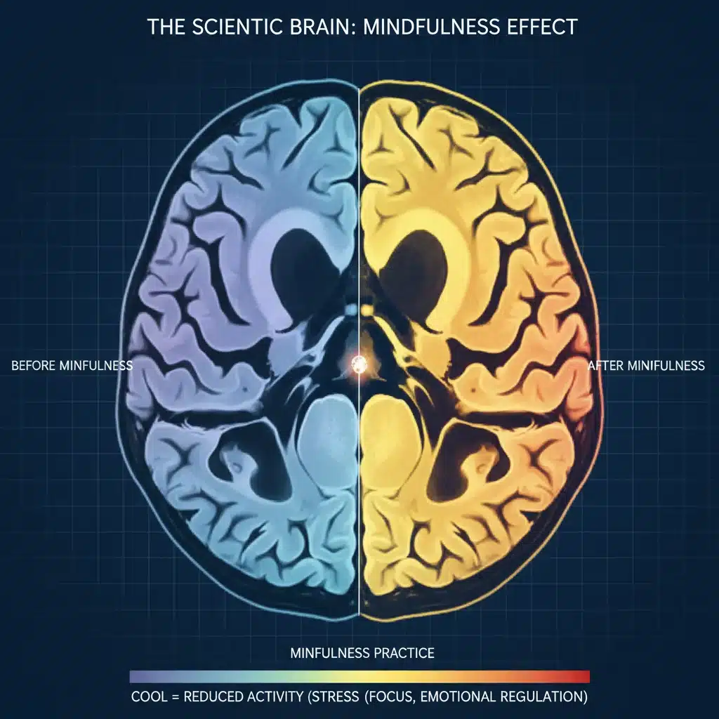 Scientific brain scan illustrating reduced stress and increased focus from mindfulness.