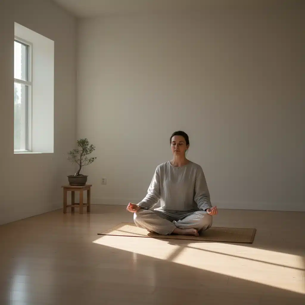 Individual meditating in a peaceful room, practicing mindfulness and digital absence.