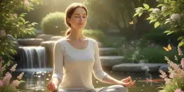 Person meditating peacefully in a garden, reducing anxiety with mindfulness.