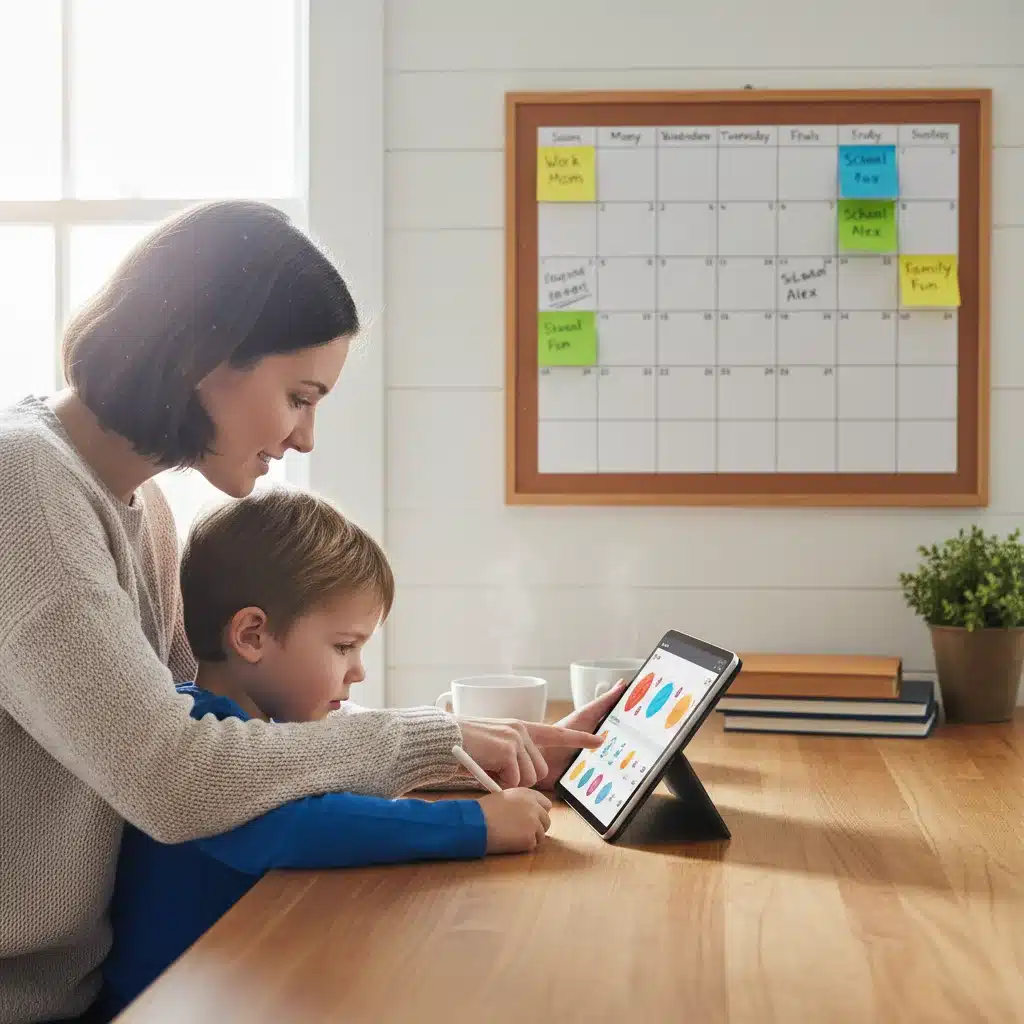 Parent assisting child with online learning, highlighting structured family schedules