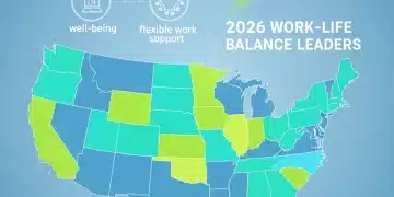 Map of U.S. states leading in work-life balance with well-being icons