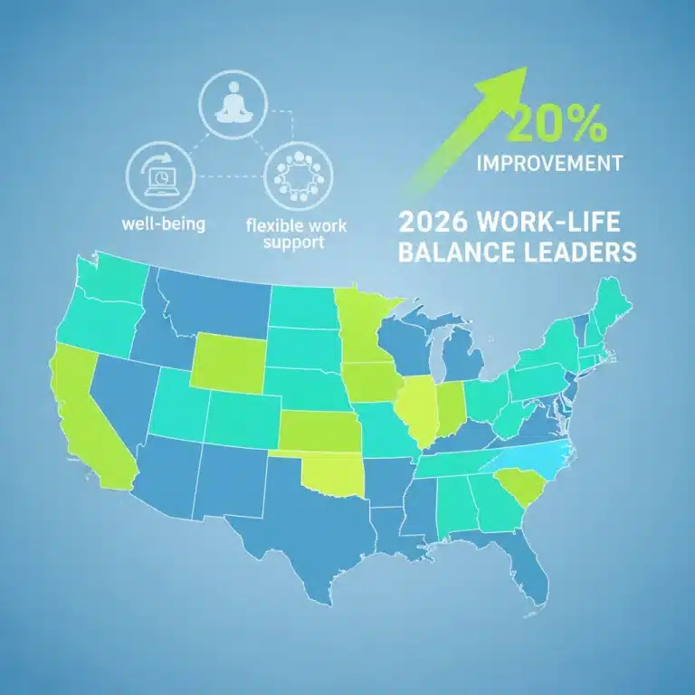 Map of U.S. states leading in work-life balance with well-being icons