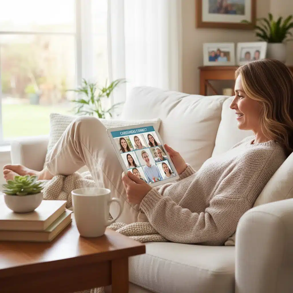 Caregiver participating in a virtual support group from home.