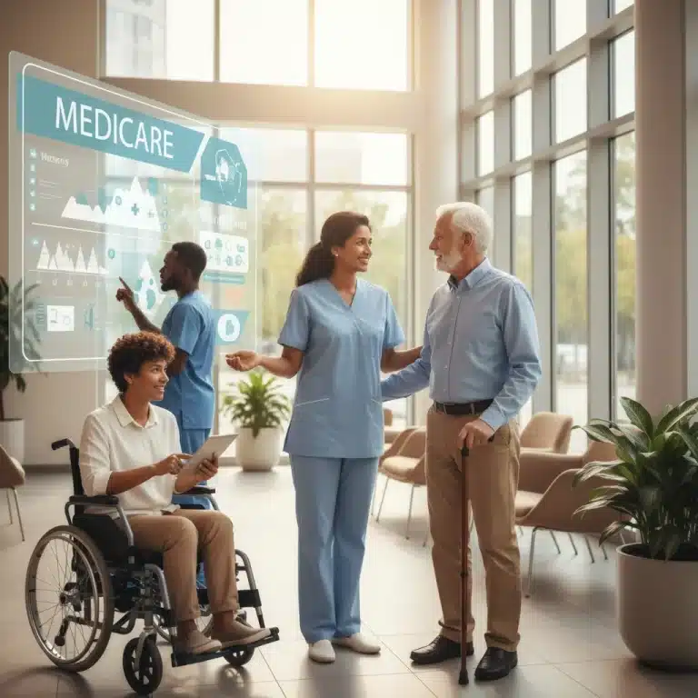 Diverse caregivers reviewing Medicare information on a tablet, focusing on 2026 changes for maximized benefits.