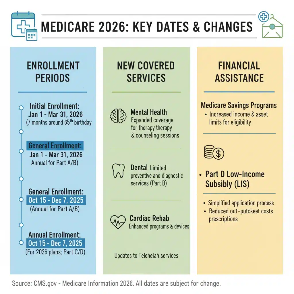 Infographic summarizing key 2026 Medicare changes and important dates for beneficiaries.
