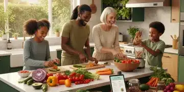 Diverse U.S. family preparing a healthy plant-based meal in a modern kitchen, showcasing vibrant ingredients.
