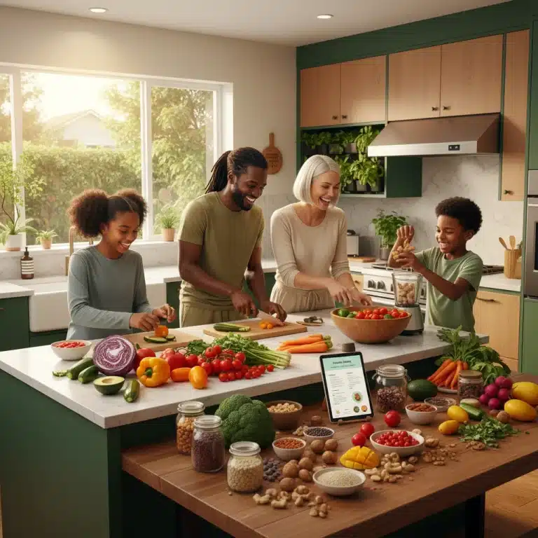Diverse U.S. family preparing a healthy plant-based meal in a modern kitchen, showcasing vibrant ingredients.