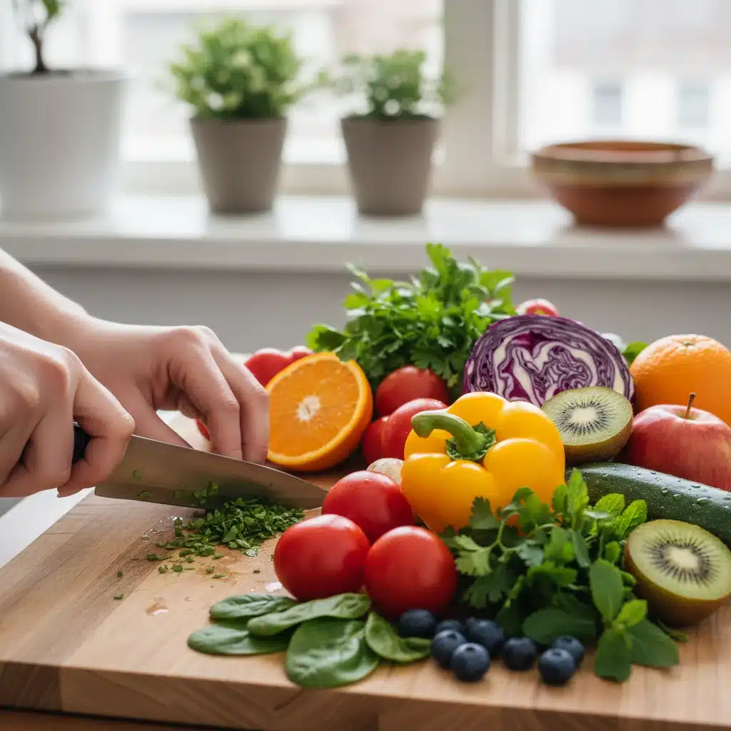 Colorful fresh vegetables and fruits being prepared for a healthy meal