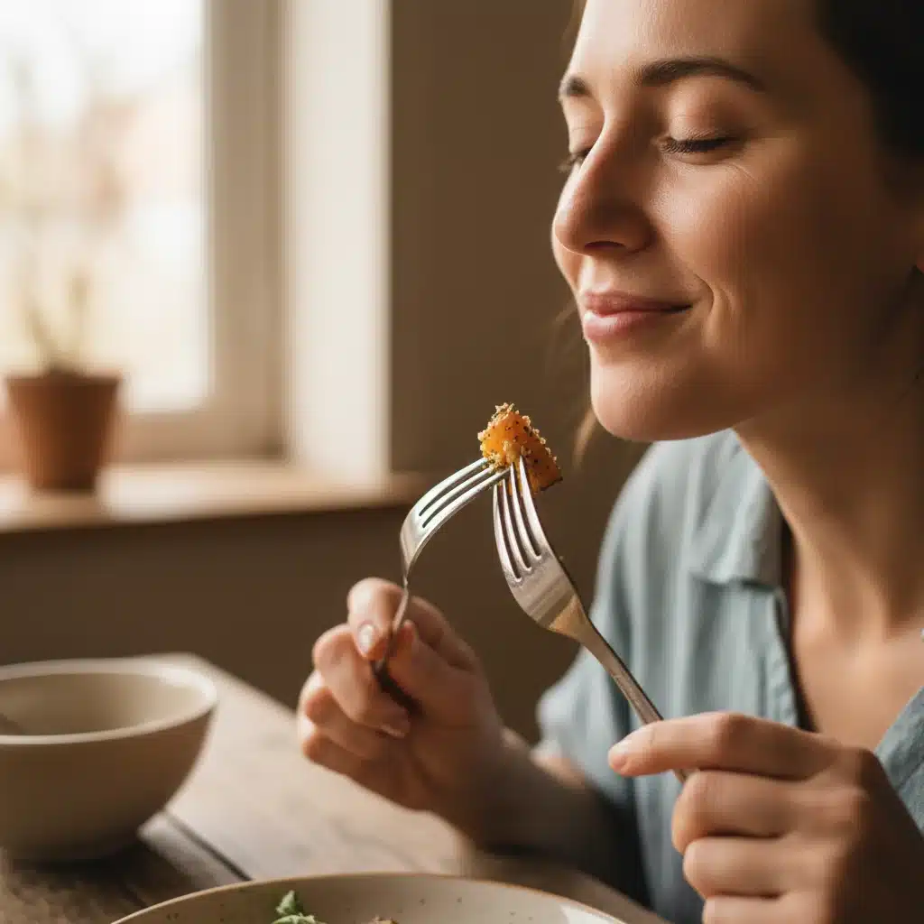 Person enjoying a slow, deliberate bite of food with a mindful expression