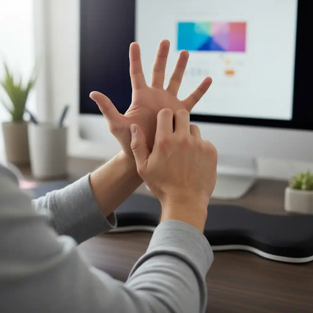 Person stretching hands and wrists at desk during a quick micro-break to relieve tension.