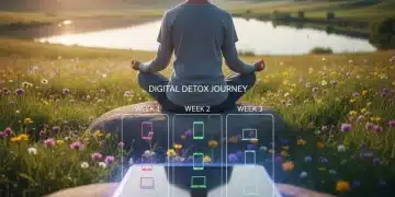 Person meditating with phone in background, symbolizing digital detox and mental clarity.
