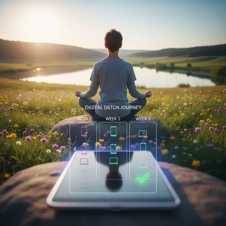 Person meditating with phone in background, symbolizing digital detox and mental clarity.