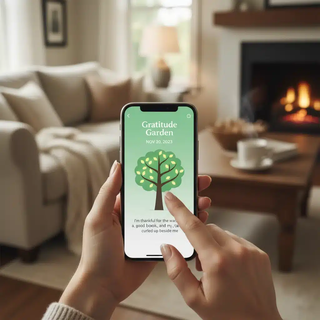 Hands interacting with a gratitude app on a smartphone, promoting digital gratitude