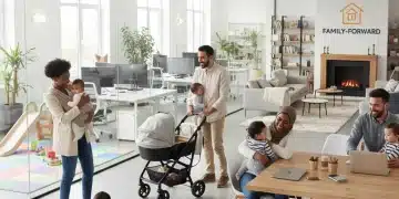 Diverse parents with babies in a modern office, symbolizing new parental leave policies.