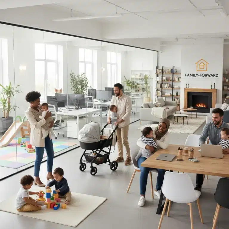 Diverse parents with babies in a modern office, symbolizing new parental leave policies.
