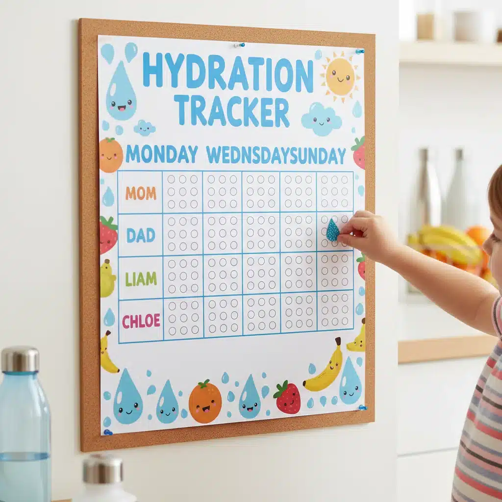 Family hydration tracker chart with stickers for daily water intake