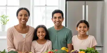 Happy family in kitchen with immune-boosting foods and vitamins