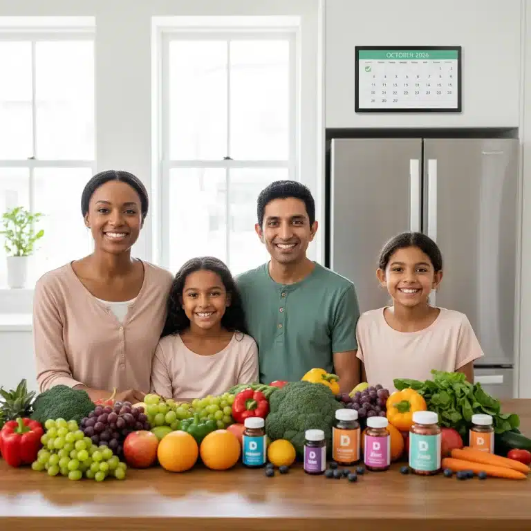 Happy family in kitchen with immune-boosting foods and vitamins