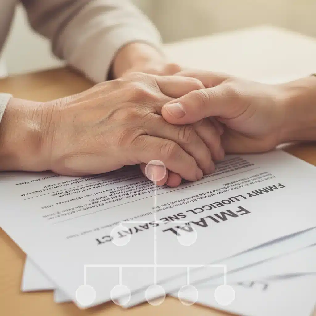 Intergenerational hands holding FMLA documents, symbolizing support