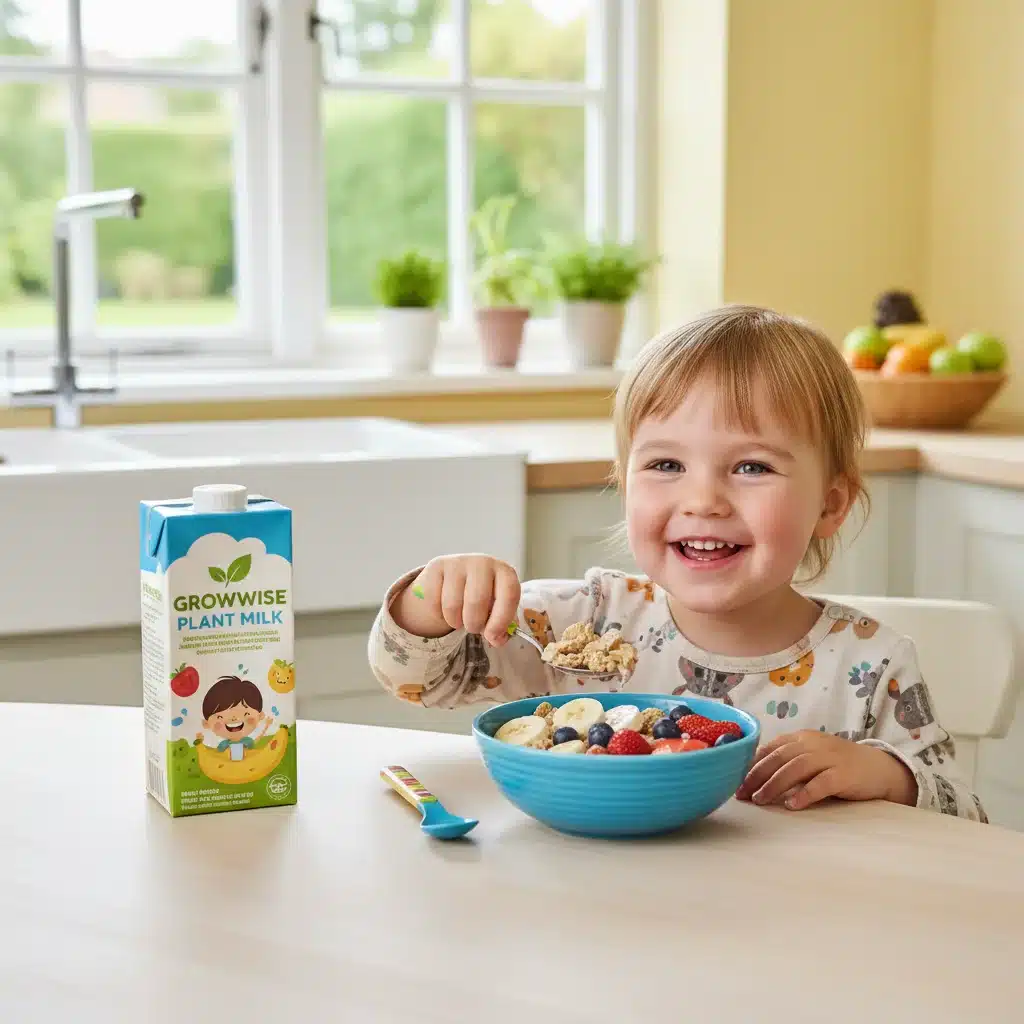 Child eating fortified plant-based cereal with fruit and plant milk.