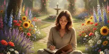 Woman journaling in a serene garden, practicing daily gratitude for happiness