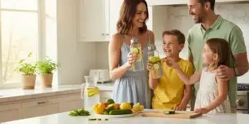 Happy family holding water bottles, promoting healthy hydration habits