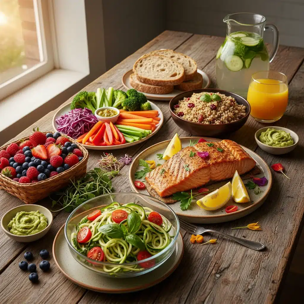 Healthy and balanced meal with fresh produce, promoting better sleep through nutrition.