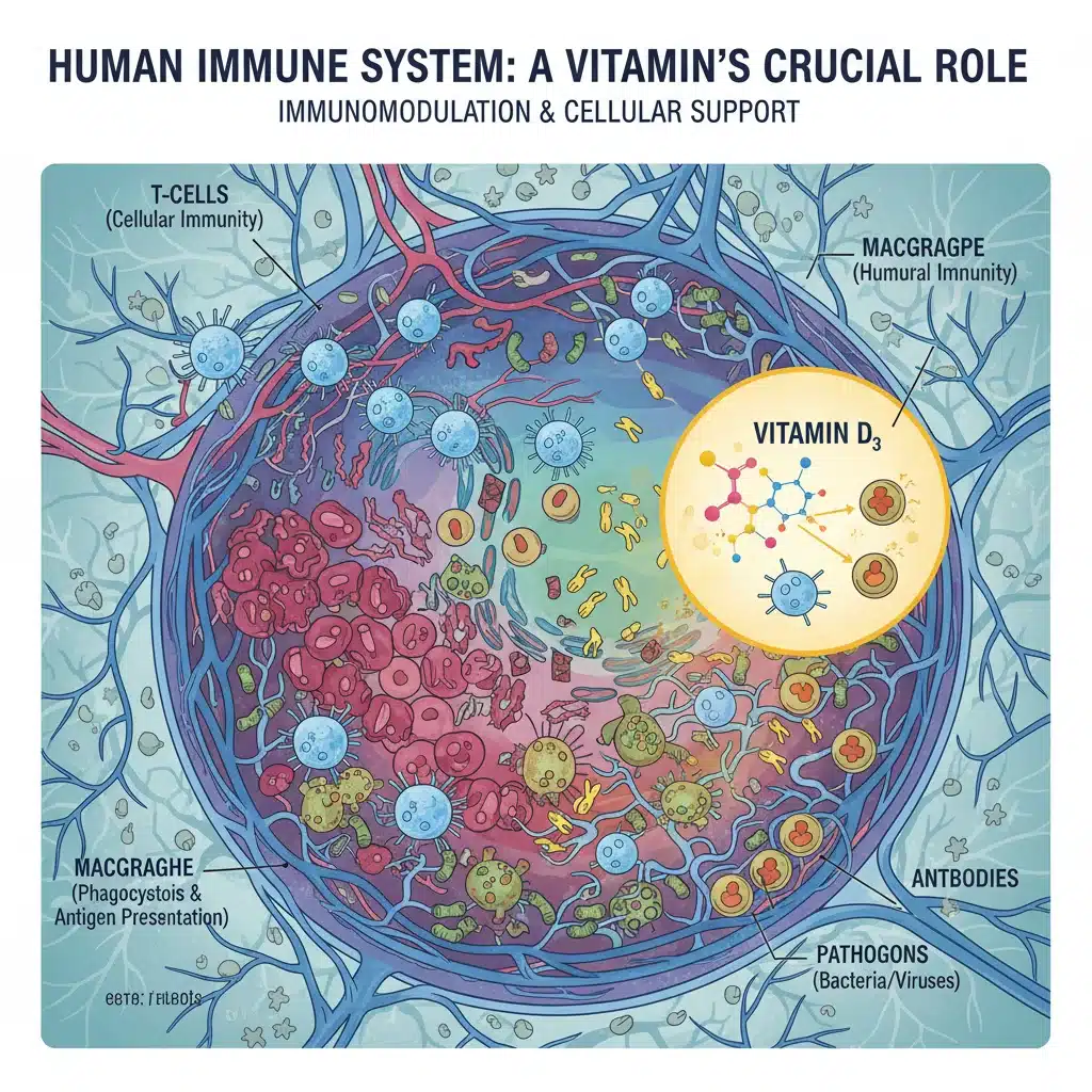 Diagram of human immune system function with vitamin integration