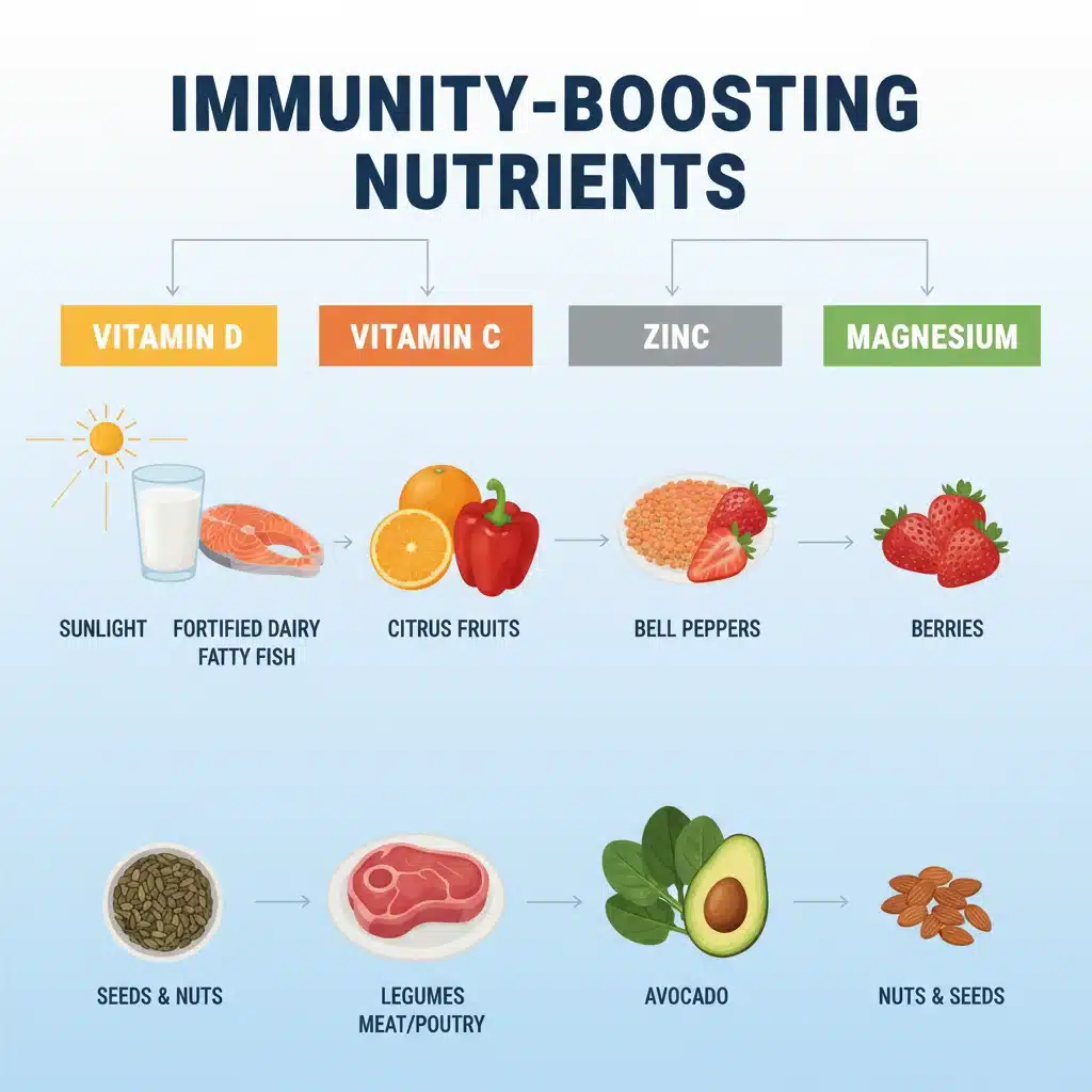 Infographic of food sources rich in immune-boosting vitamins