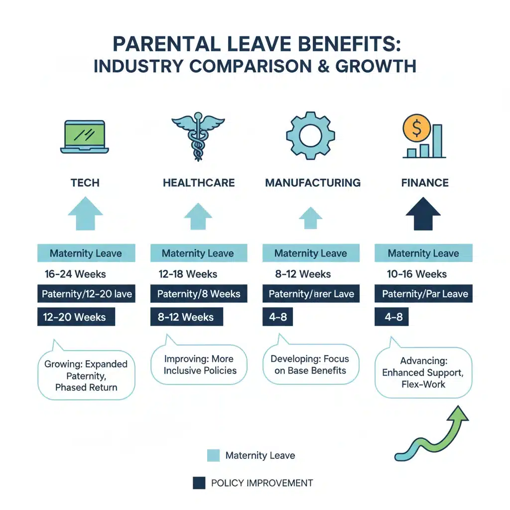 Infographic showing parental leave benefits across various industries, indicating improvements.