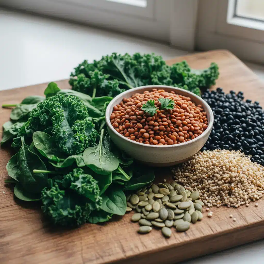 Assortment of iron-rich plant-based foods including spinach, lentils, black beans, quinoa, and pumpkin seeds.